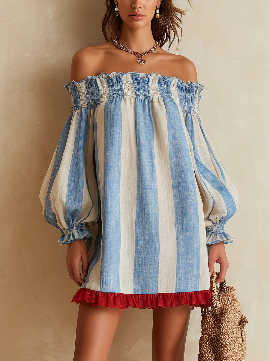 ONDINE | BLUE AND WHITE STRIPED OFF-SHOULDER MINI DRESS
