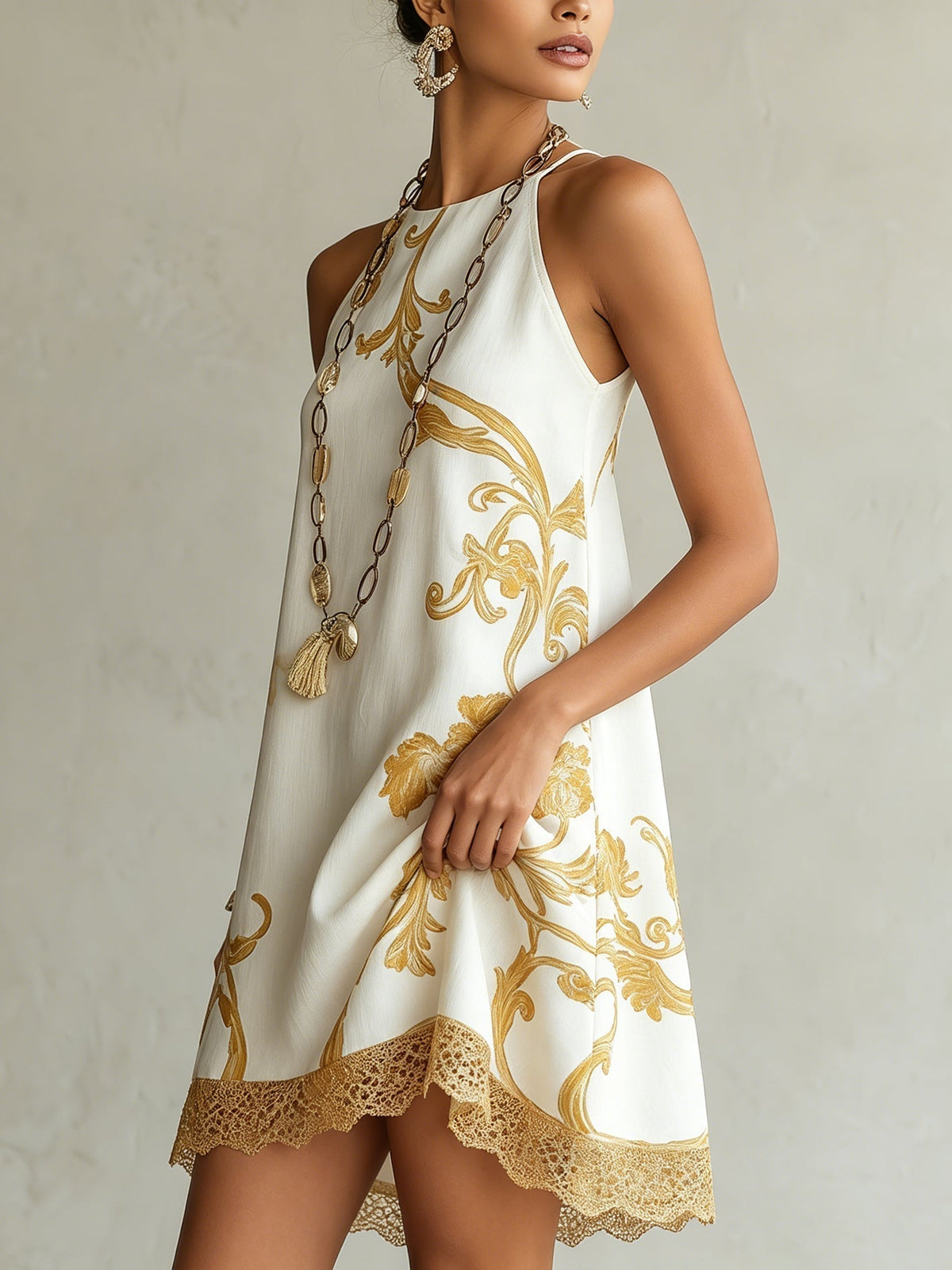 HÉLOÏSE | WHITE LACE MINI DRESS WITH GOLD DETAILS