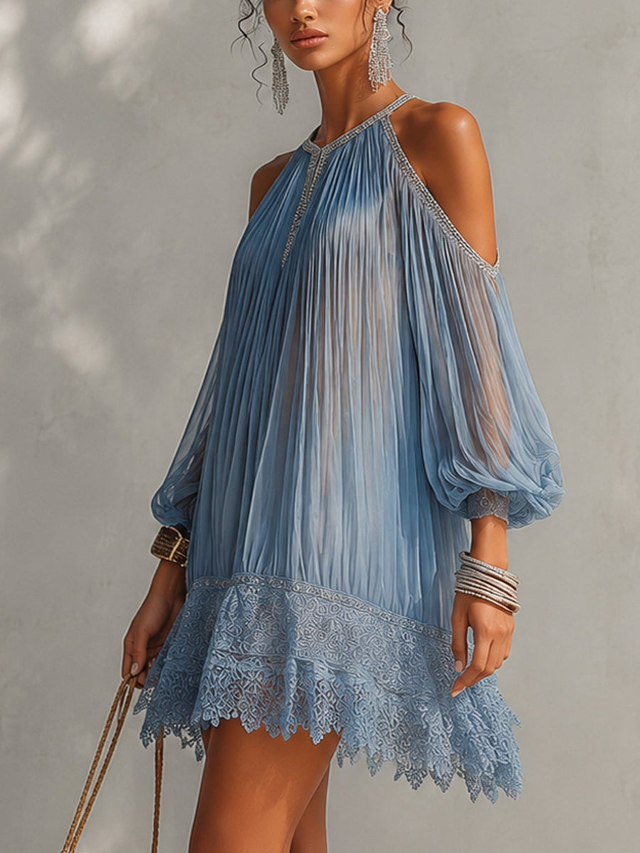 SÉRAPHINE | BLUE RUCHED OFF-SHOULDER MINI DRESS WITH LACE HEM