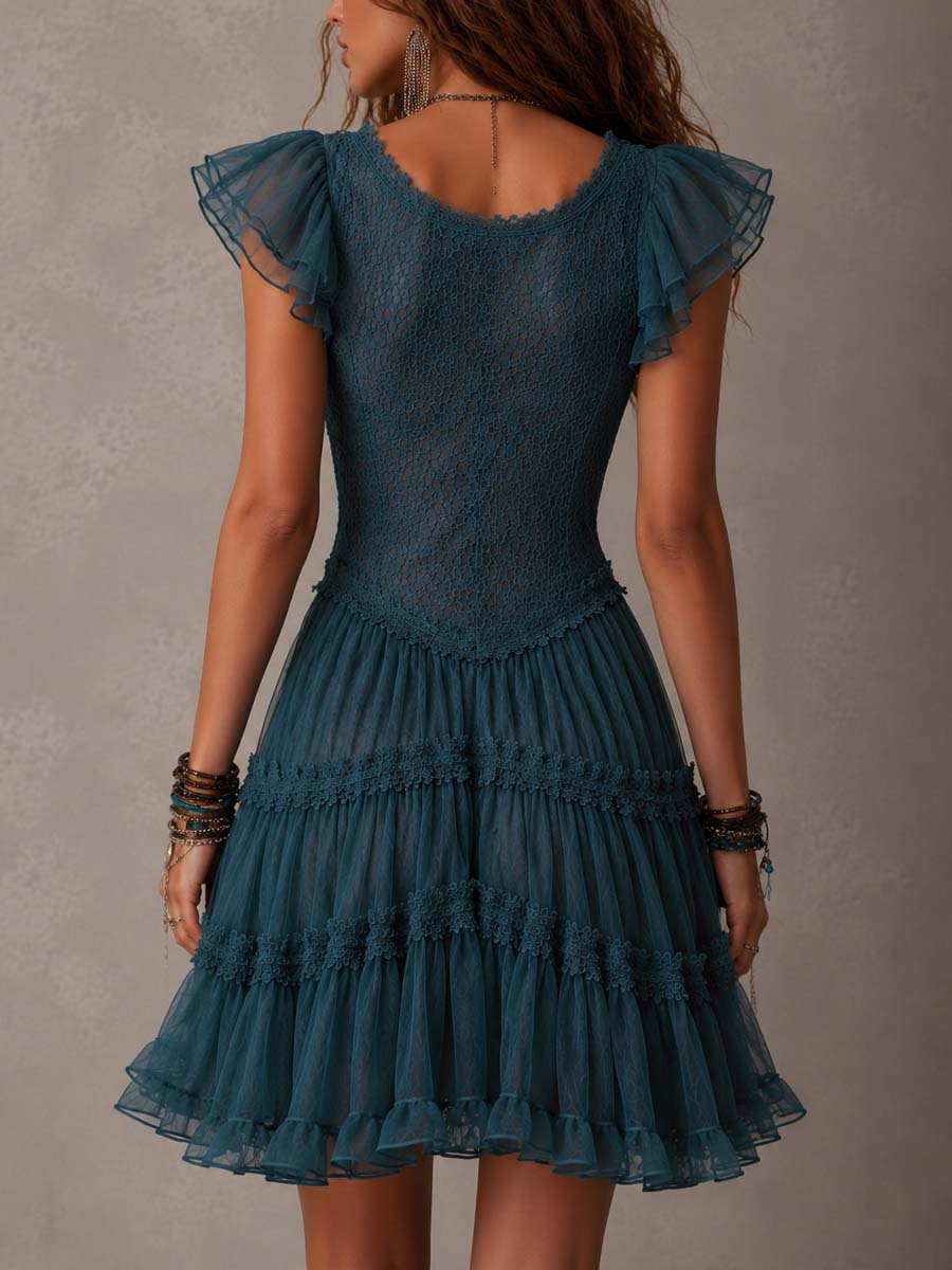 DELPHINE | RETRO BLUE LACE RUFFLE MINI DRESS