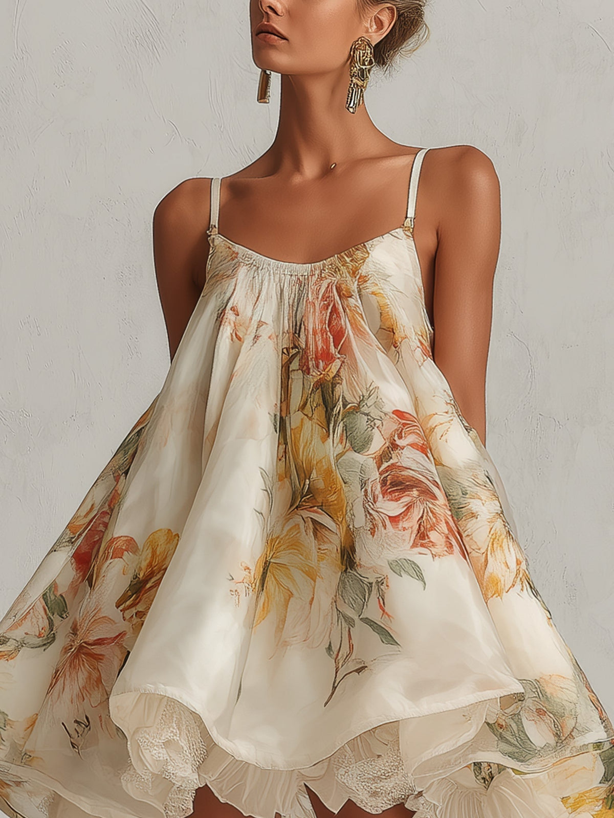 BLANCHE | BEIGE FLORAL ORGANZA A-LINE MINI DRESS WITH LACE TRIM