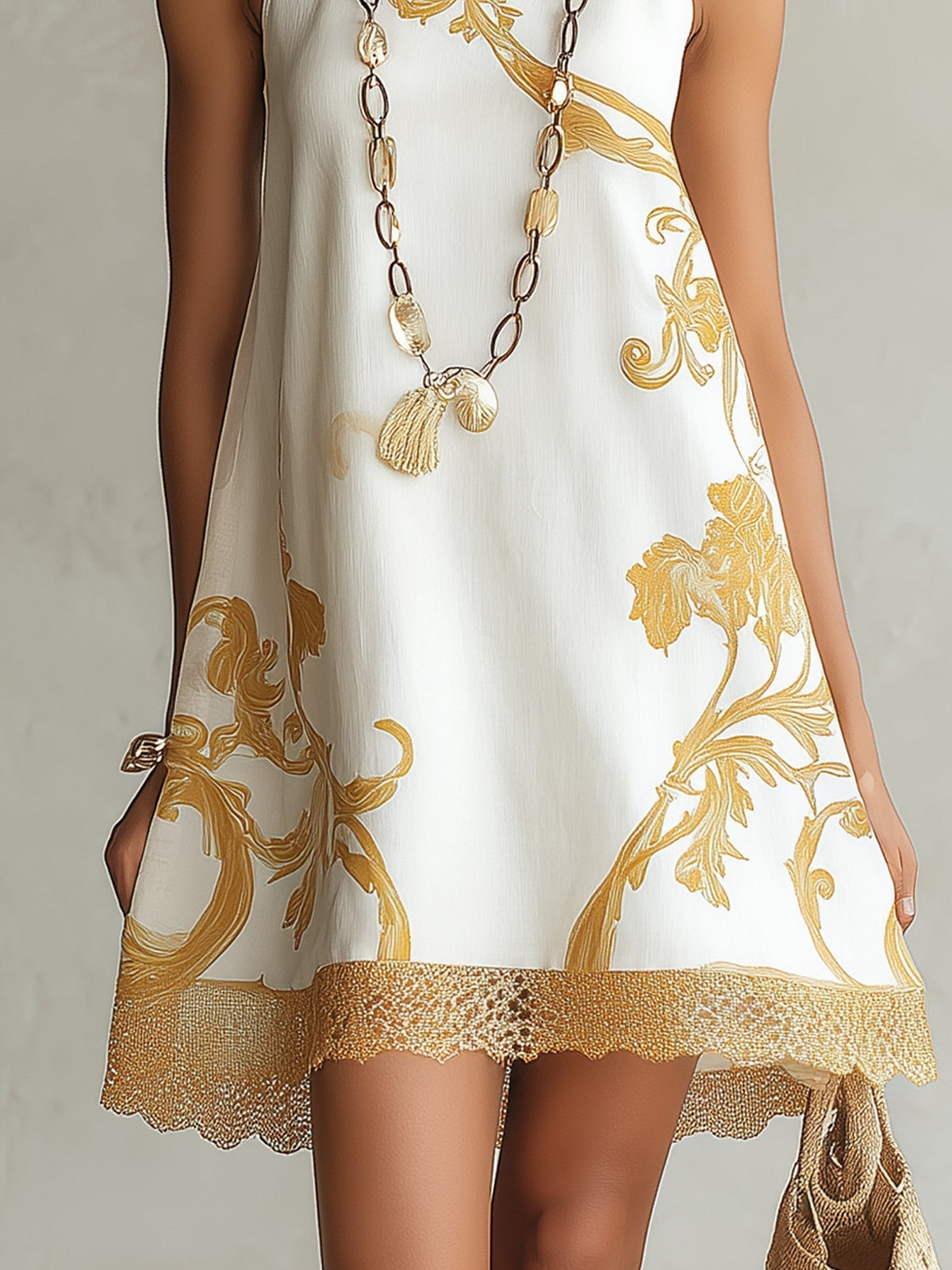 HÉLOÏSE | WHITE LACE MINI DRESS WITH GOLD DETAILS