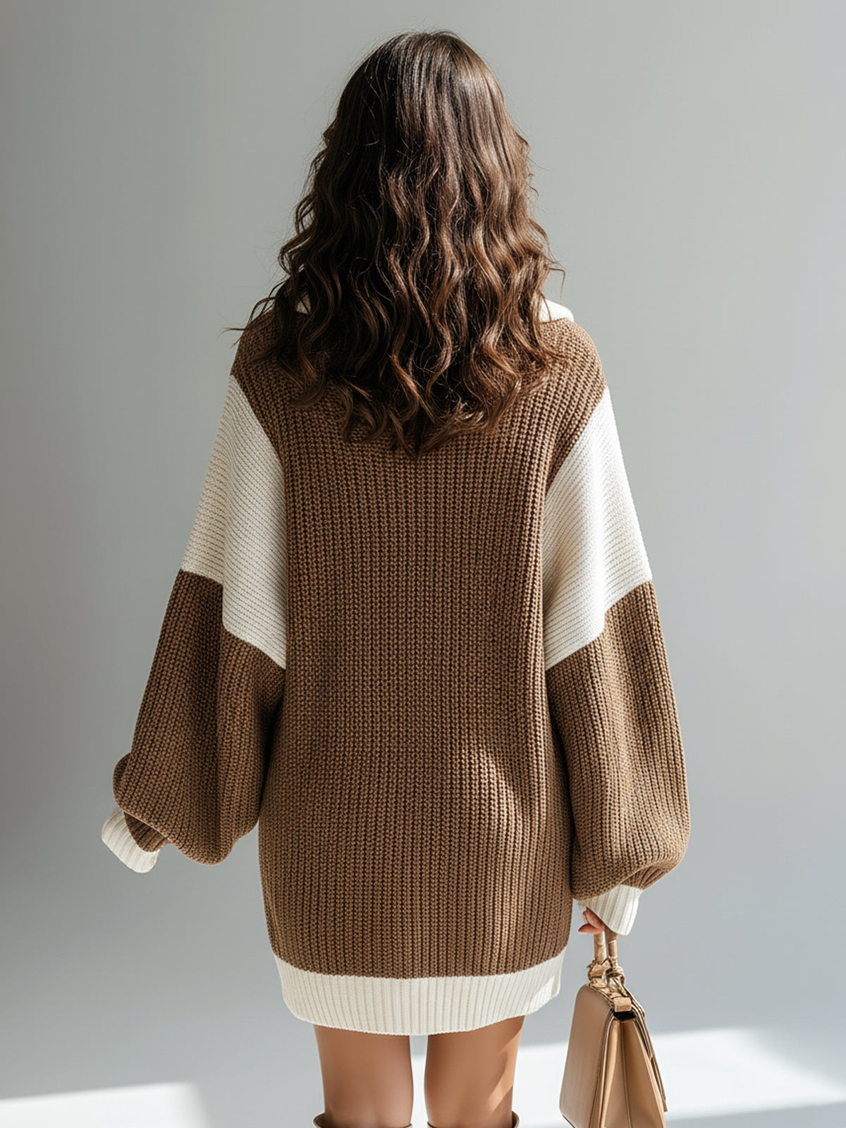 Chic Elegant Zip-Up Lapel Collar Oversized Long Sleeve Colorblock Knit Mini Dress