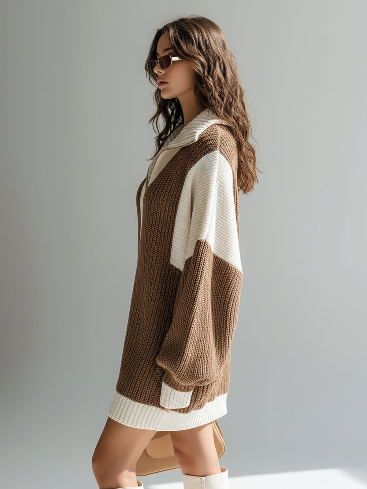 Chic Elegant Zip-Up Lapel Collar Oversized Long Sleeve Colorblock Knit Mini Dress