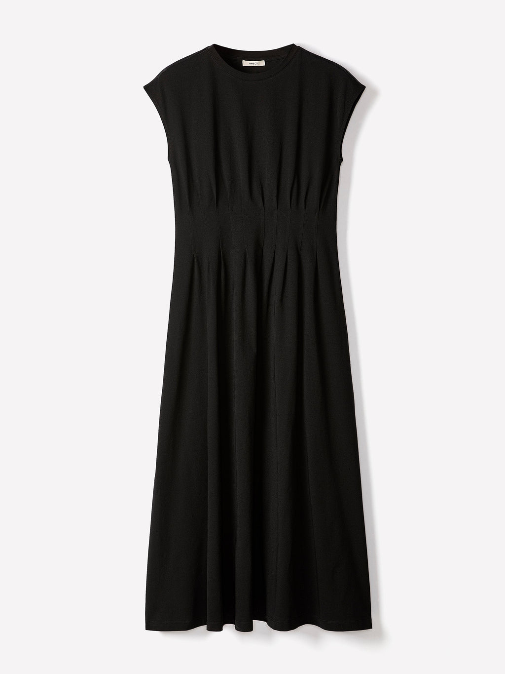 Extended-Sleeve Crew-Neck Midi Dress with Pintucks