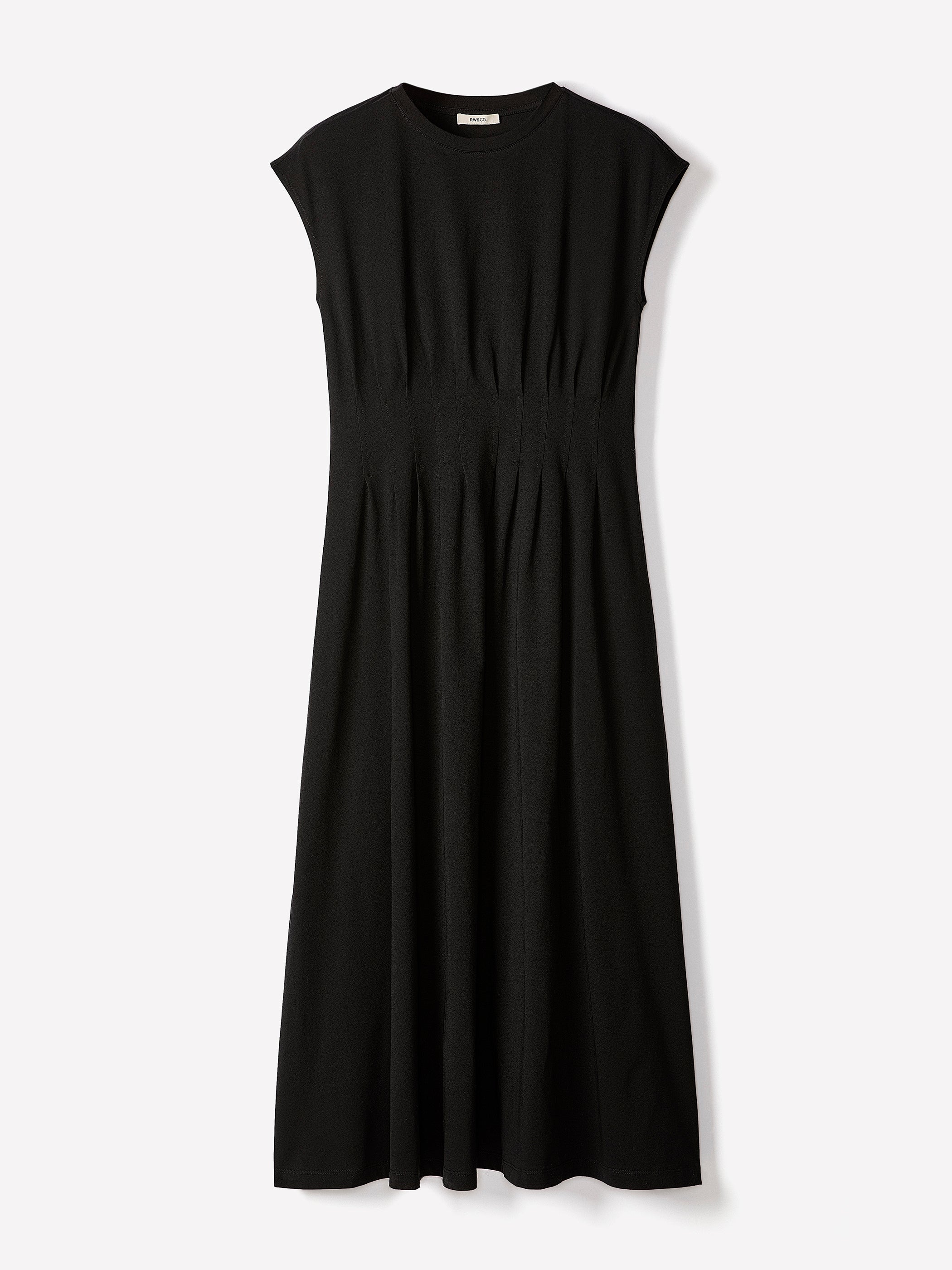 Extended-Sleeve Crew-Neck Midi Dress with Pintucks