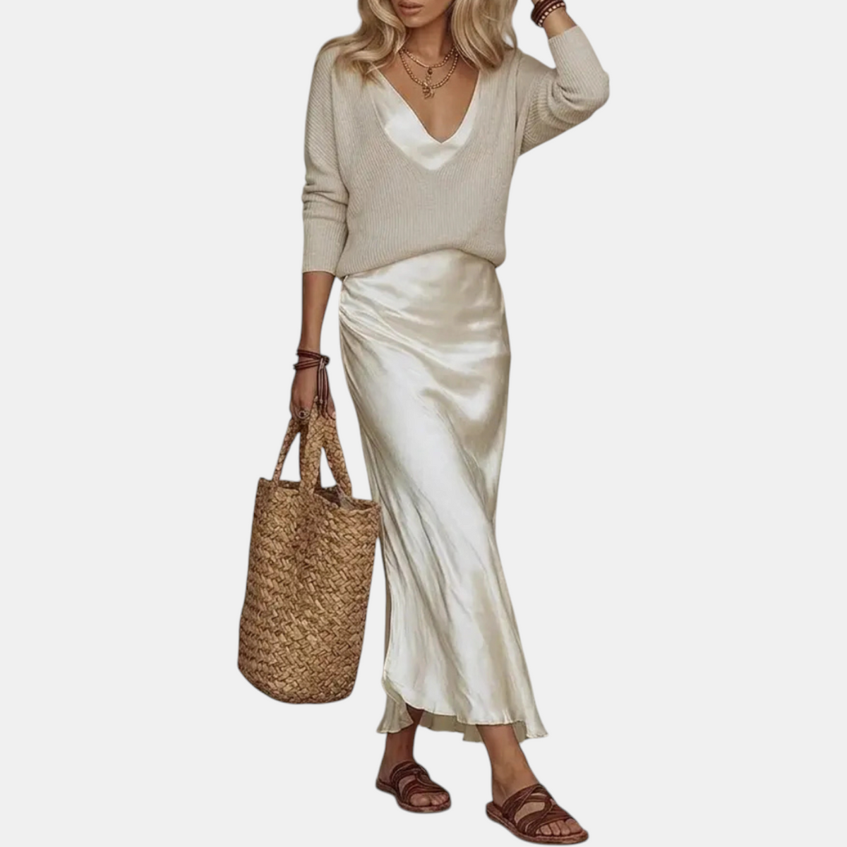 Women's Knit Sweater and Satin Slip Midi Skirt Matching Set