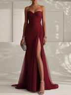 Ruched Slit Tulle Strapless Sleeveless Sheath Gown Dress