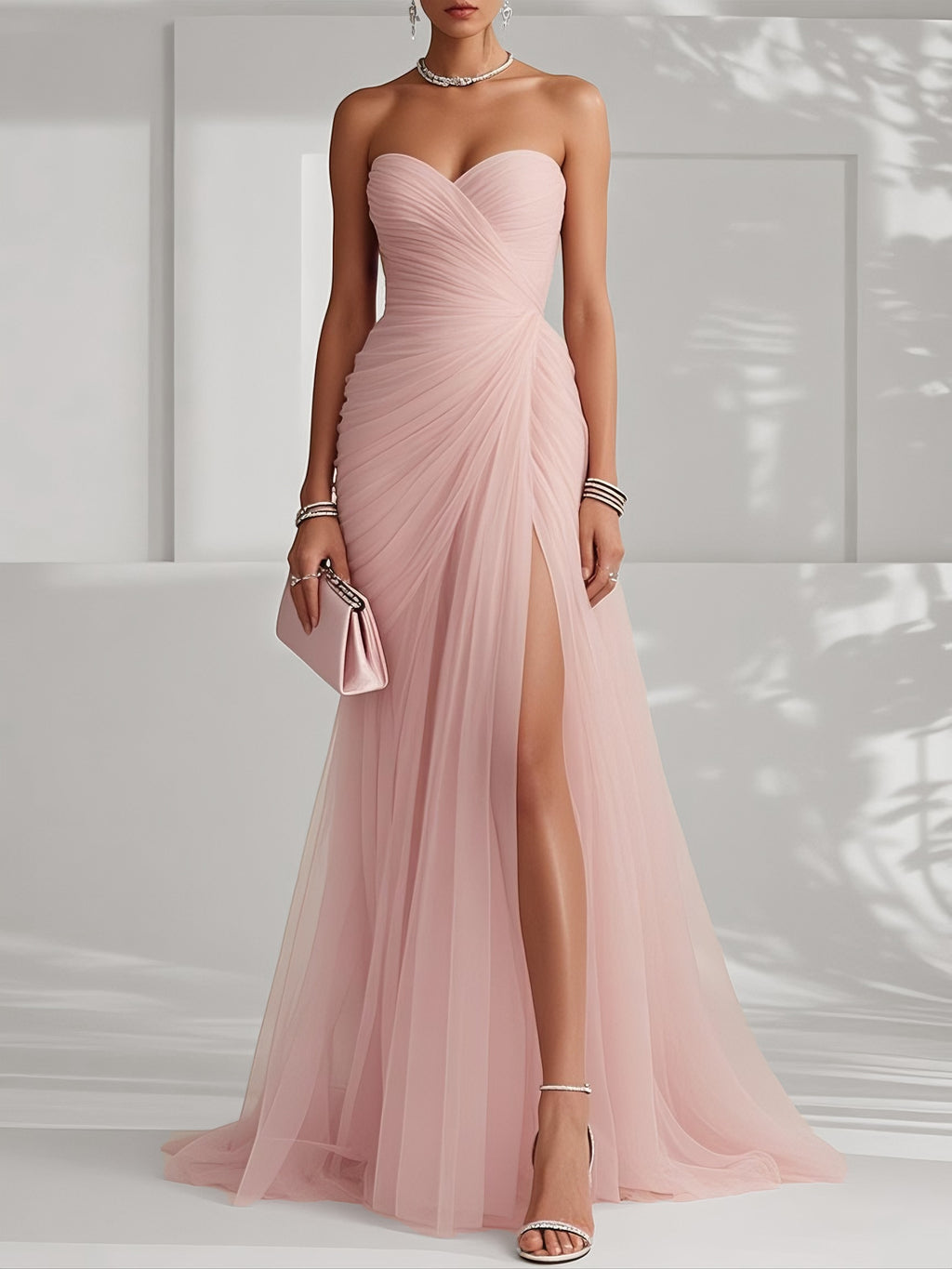 Ruched Slit Tulle Strapless Sleeveless Sheath Gown Dress