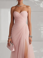 Ruched Slit Tulle Strapless Sleeveless Sheath Gown Dress