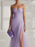 Ruched Slit Tulle Strapless Sleeveless Sheath Gown Dress