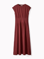 Extended-Sleeve Crew-Neck Midi Dress with Pintucks