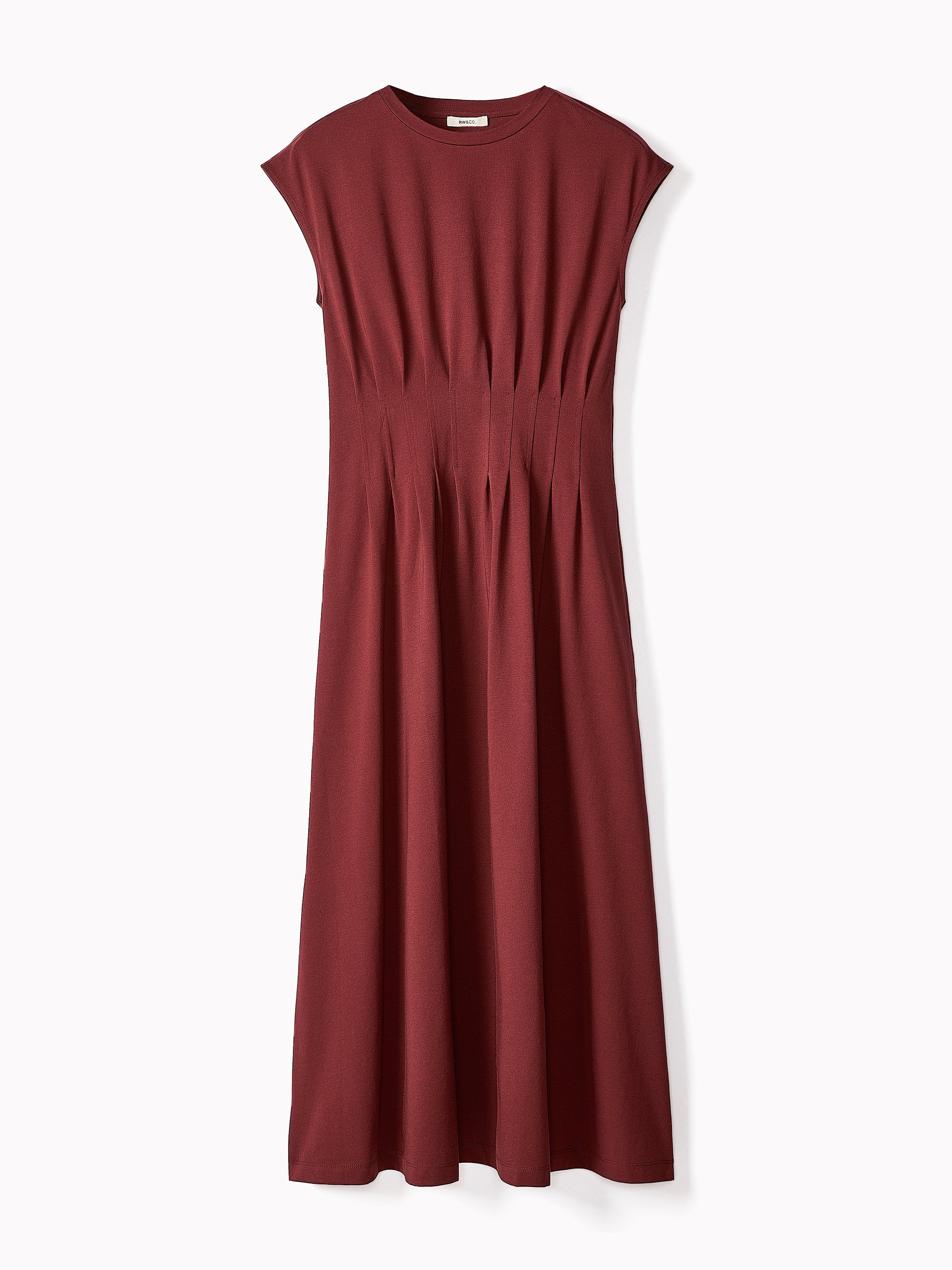 Extended-Sleeve Crew-Neck Midi Dress with Pintucks