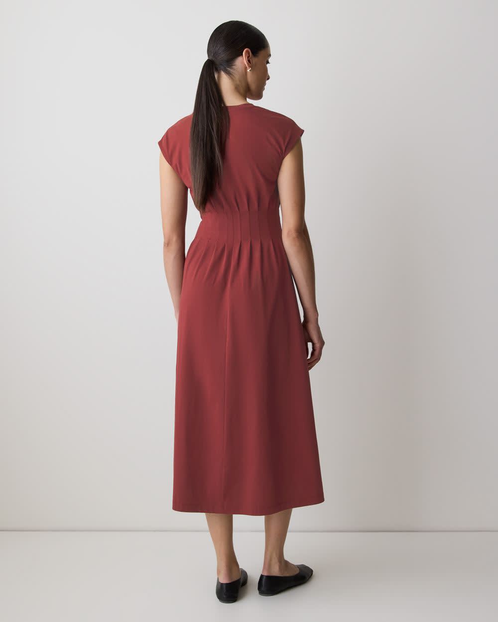 Extended-Sleeve Crew-Neck Midi Dress with Pintucks