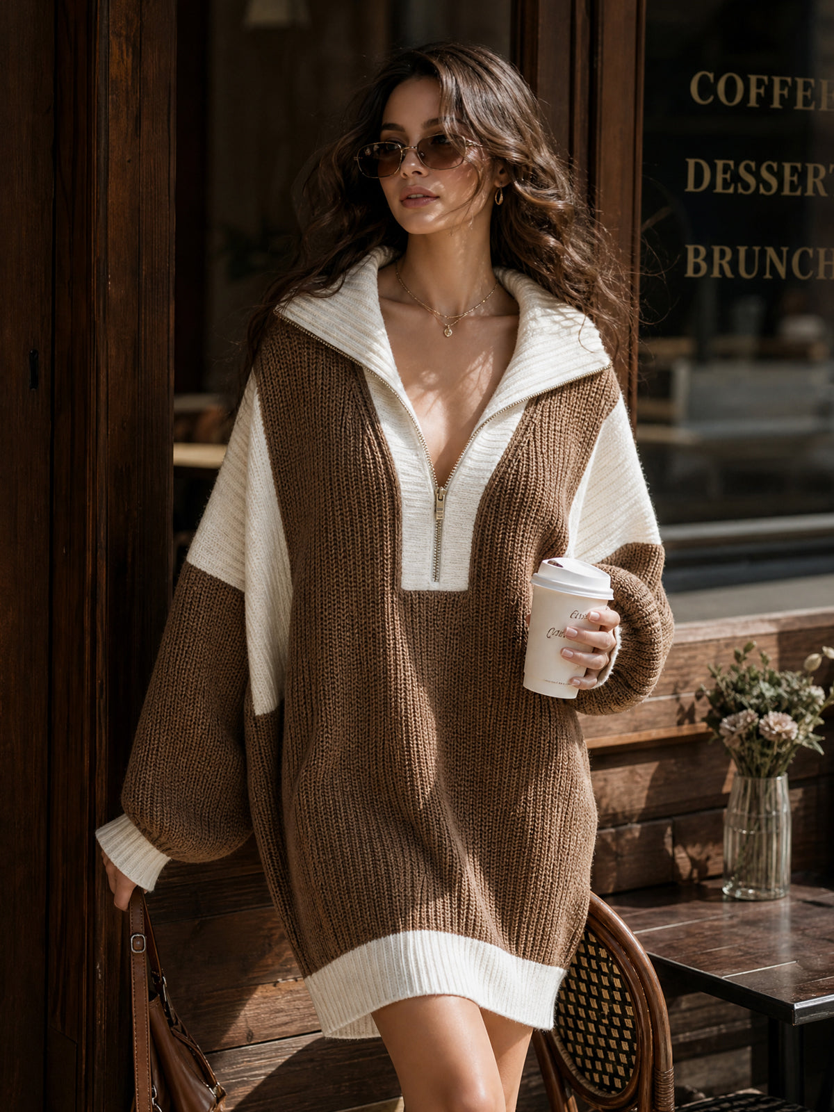 Chic Elegant Zip-Up Lapel Collar Oversized Long Sleeve Colorblock Knit Mini Dress