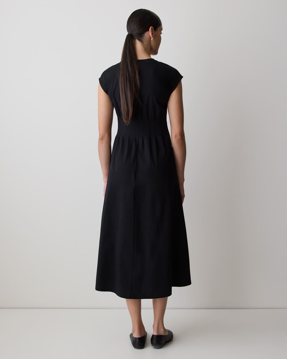 Extended-Sleeve Crew-Neck Midi Dress with Pintucks