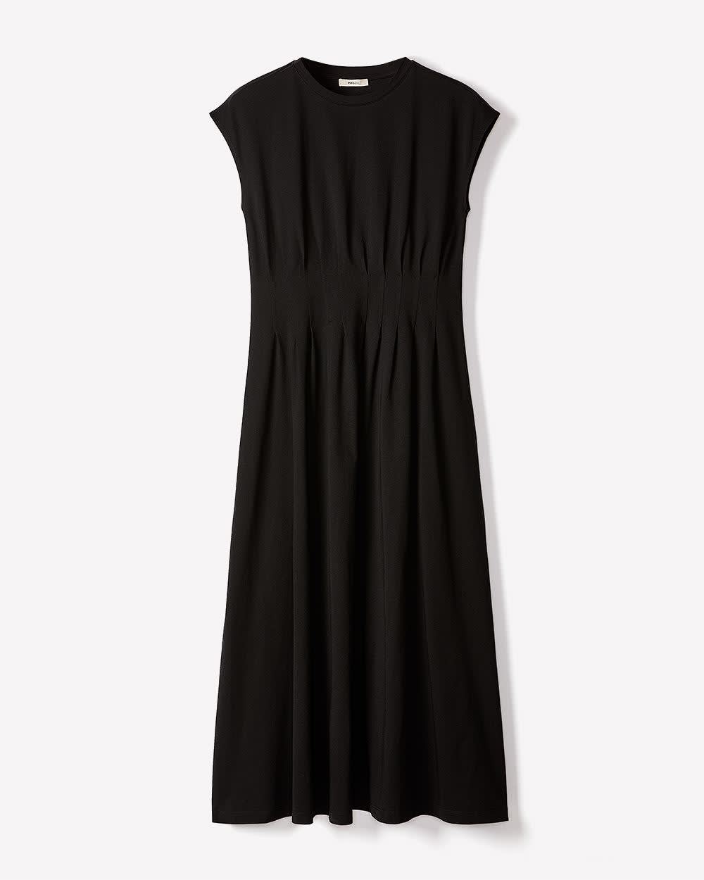 Extended-Sleeve Crew-Neck Midi Dress with Pintucks