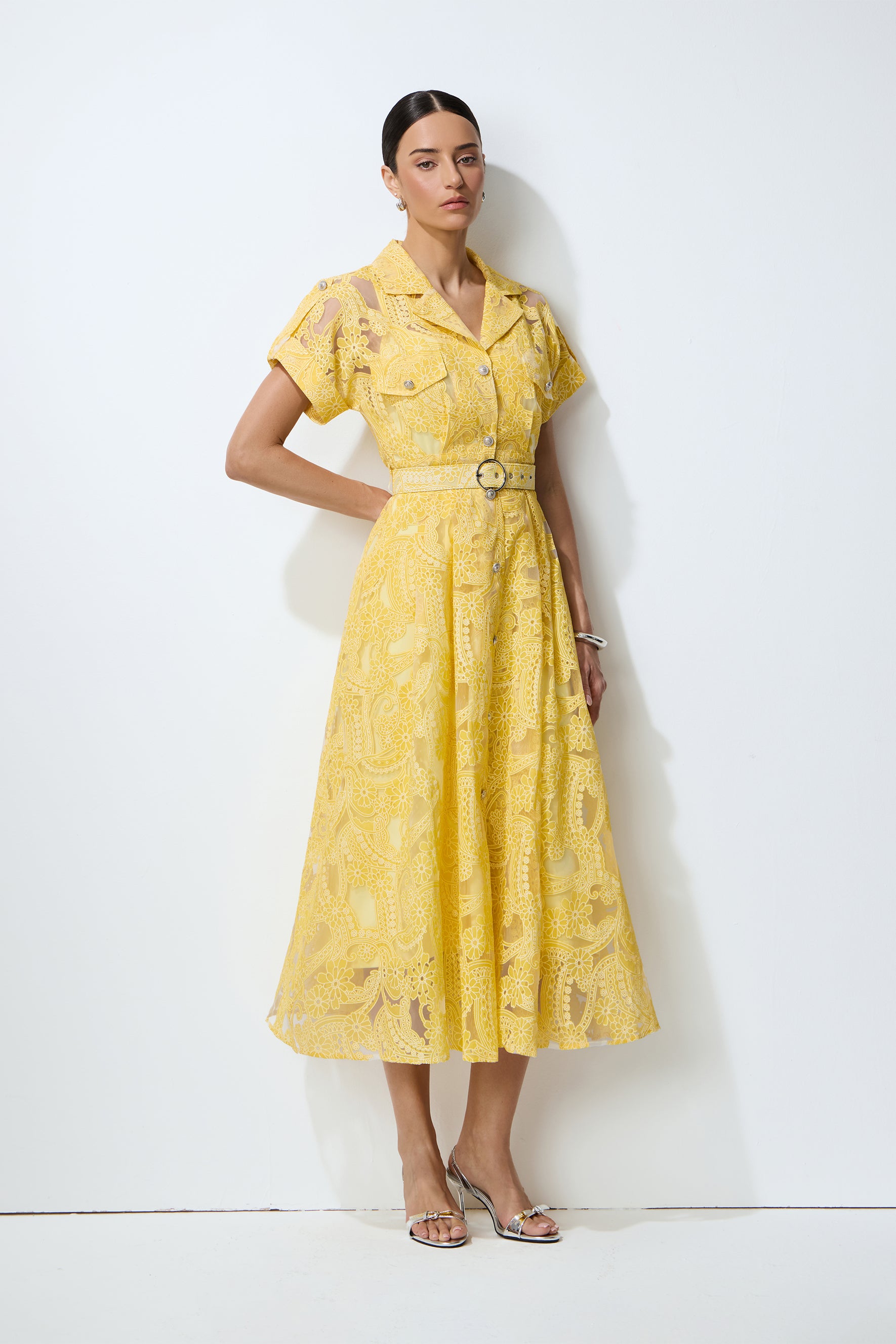 Endless Summer Yellow Sheer Floral Lace Midi Dress