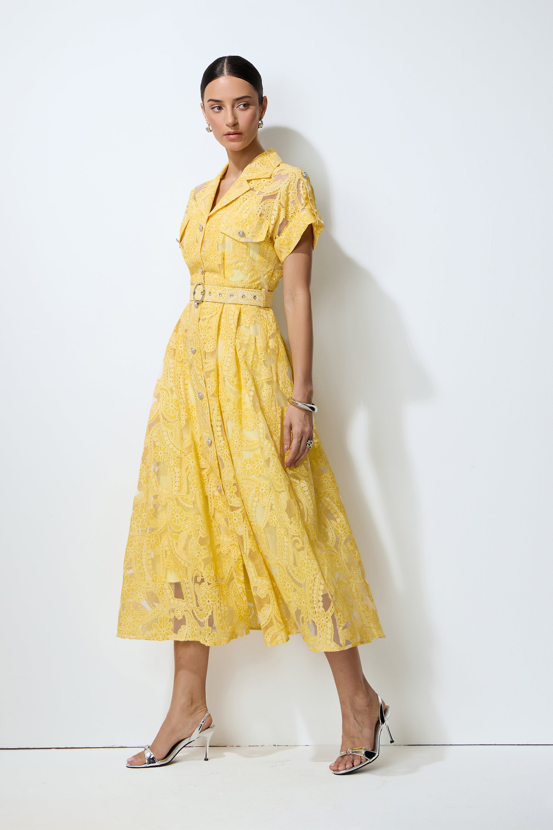 Endless Summer Yellow Sheer Floral Lace Midi Dress