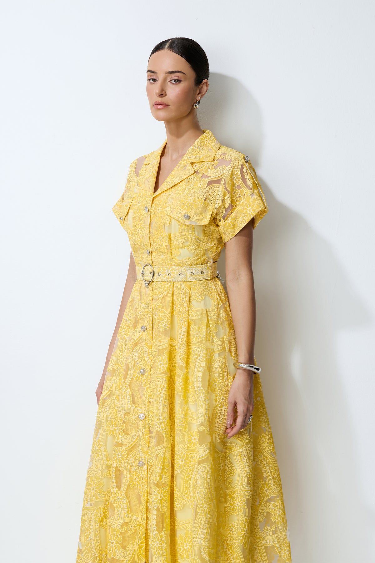 Endless Summer Yellow Sheer Floral Lace Midi Dress