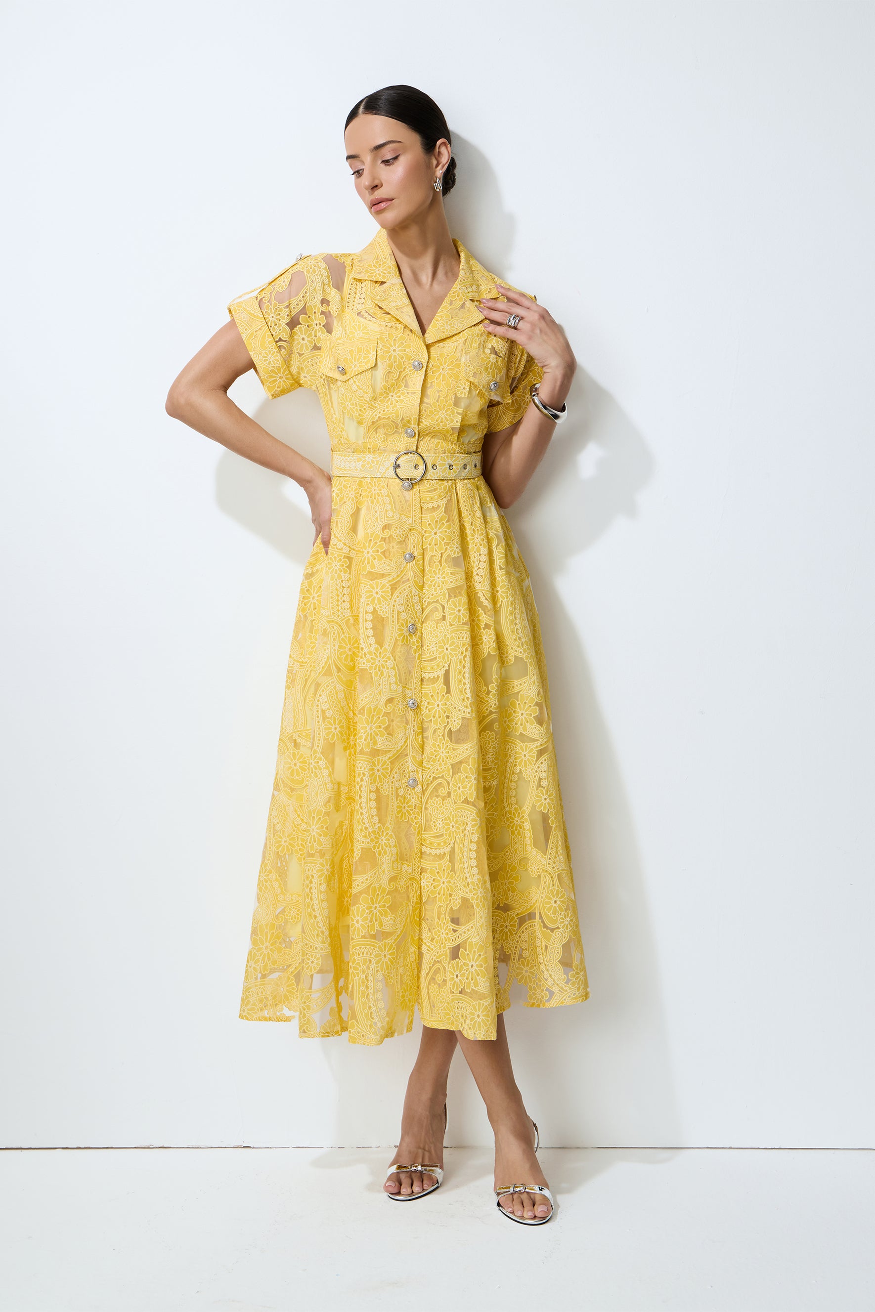 Endless Summer Yellow Sheer Floral Lace Midi Dress