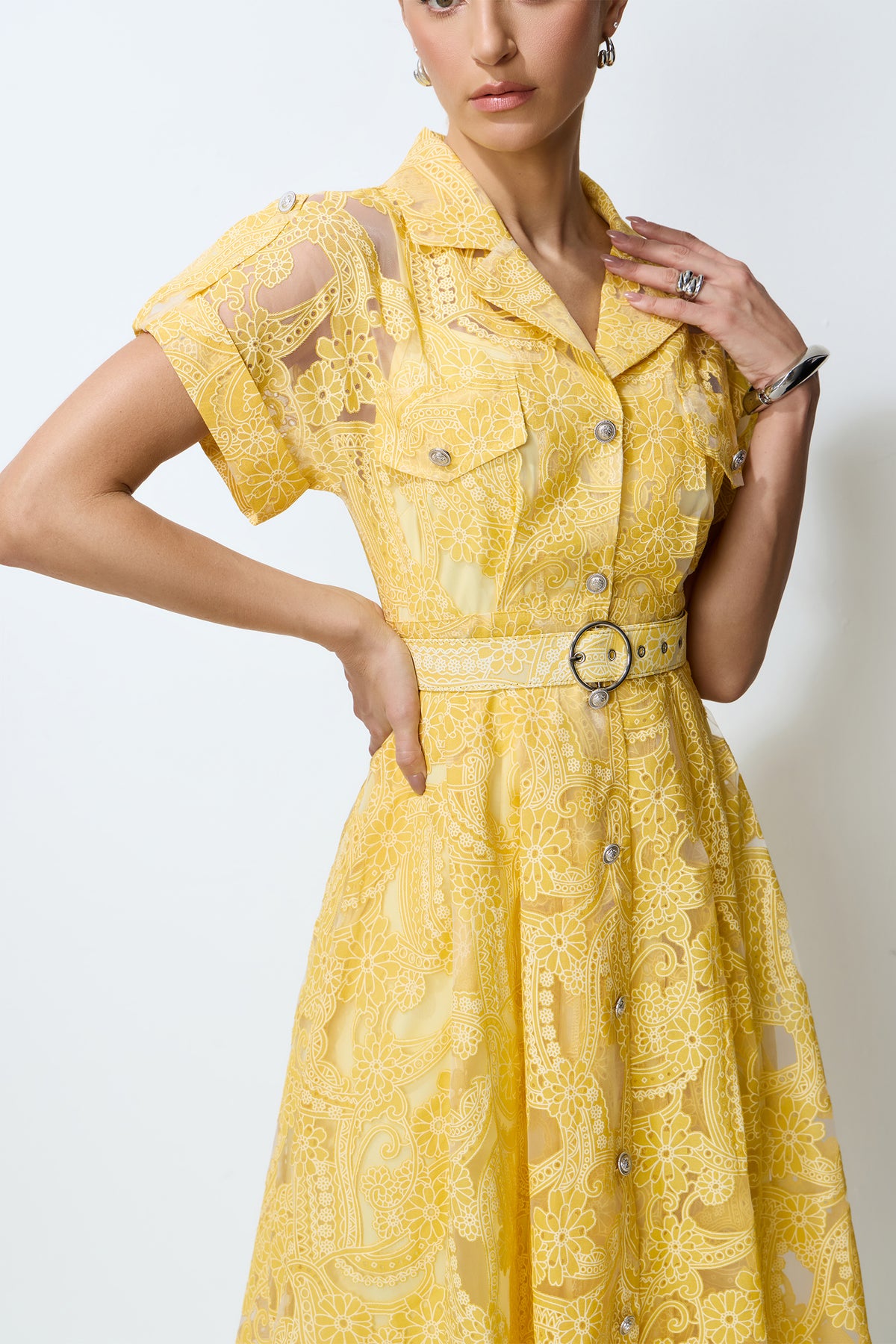 Endless Summer Yellow Sheer Floral Lace Midi Dress
