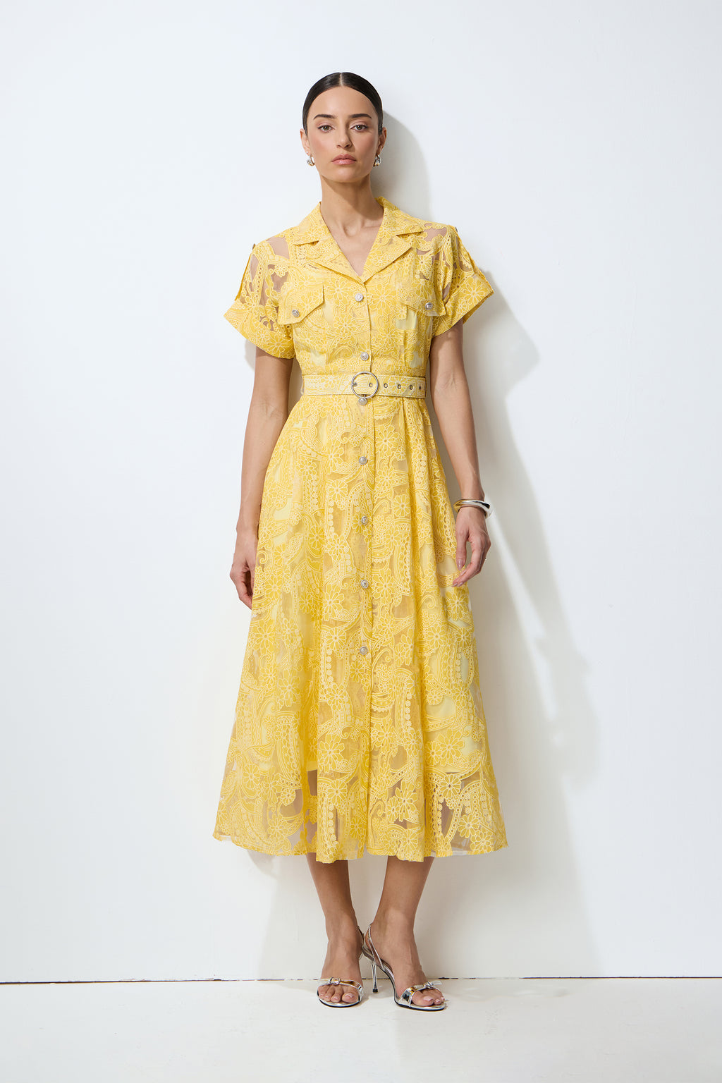 Endless Summer Yellow Sheer Floral Lace Midi Dress