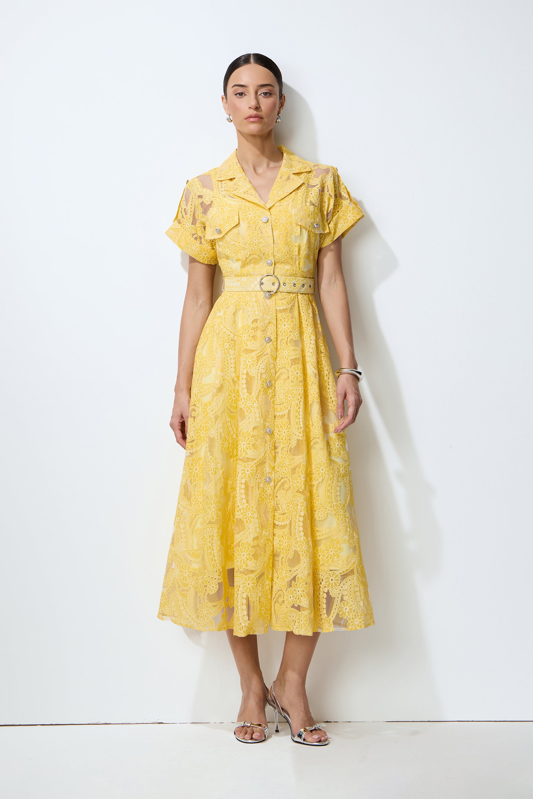 Endless Summer Yellow Sheer Floral Lace Midi Dress