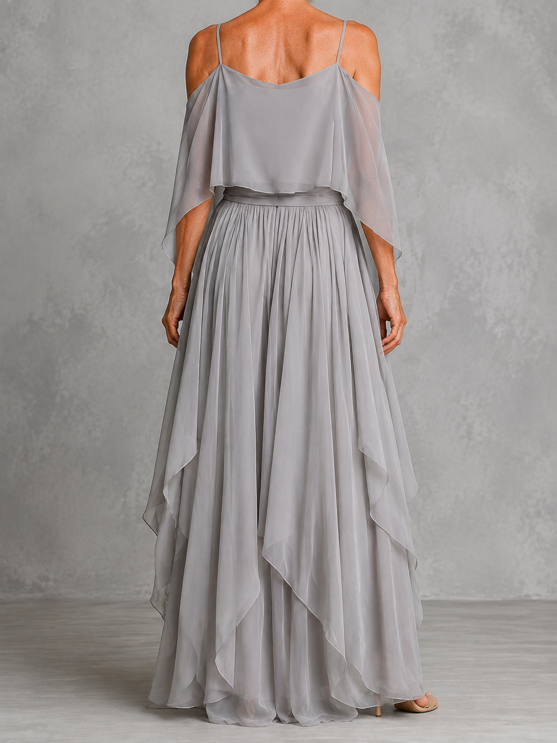 Grey off-shoulder flowy camisole and trousers chiffon set