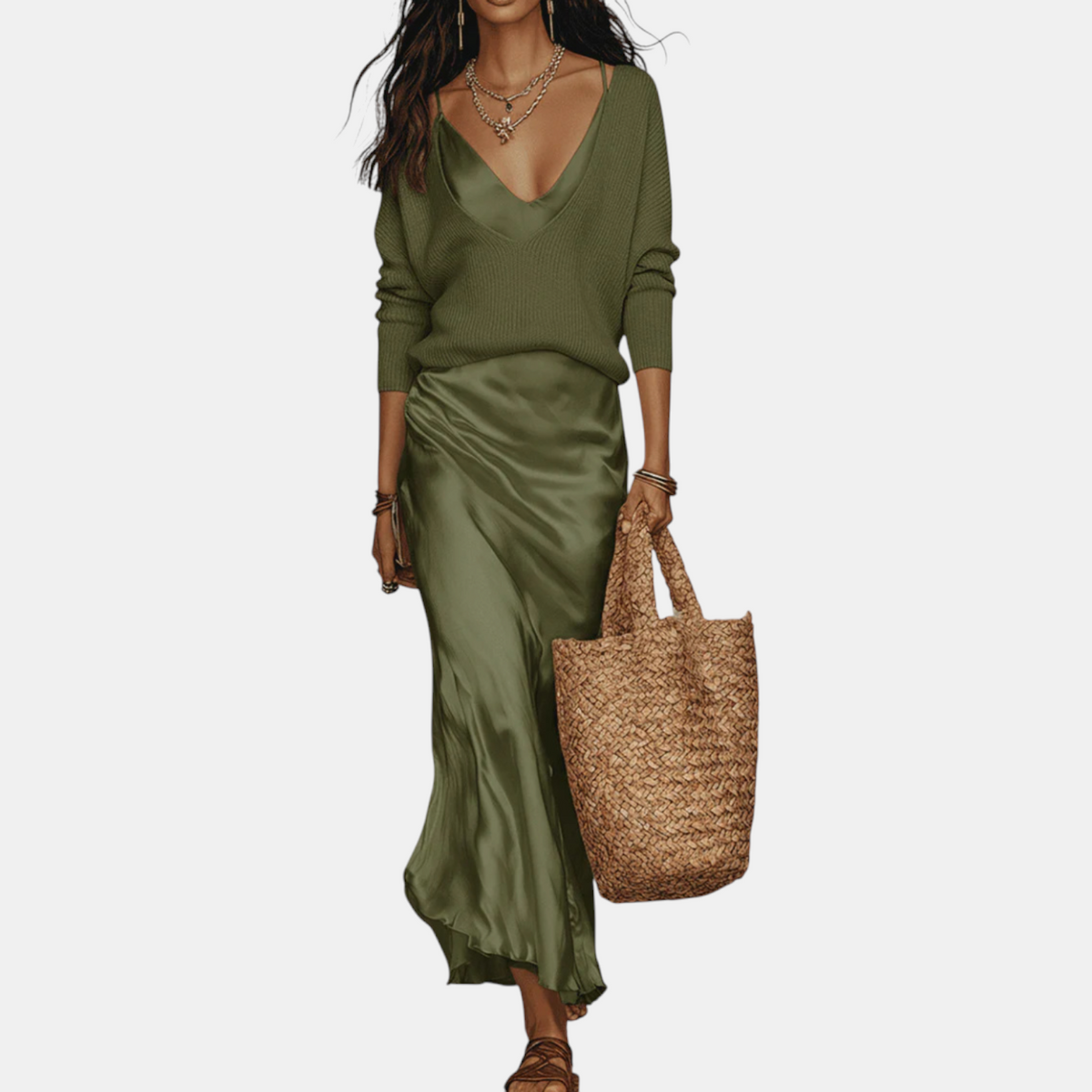 Women's Knit Sweater and Satin Slip Midi Skirt Matching Set