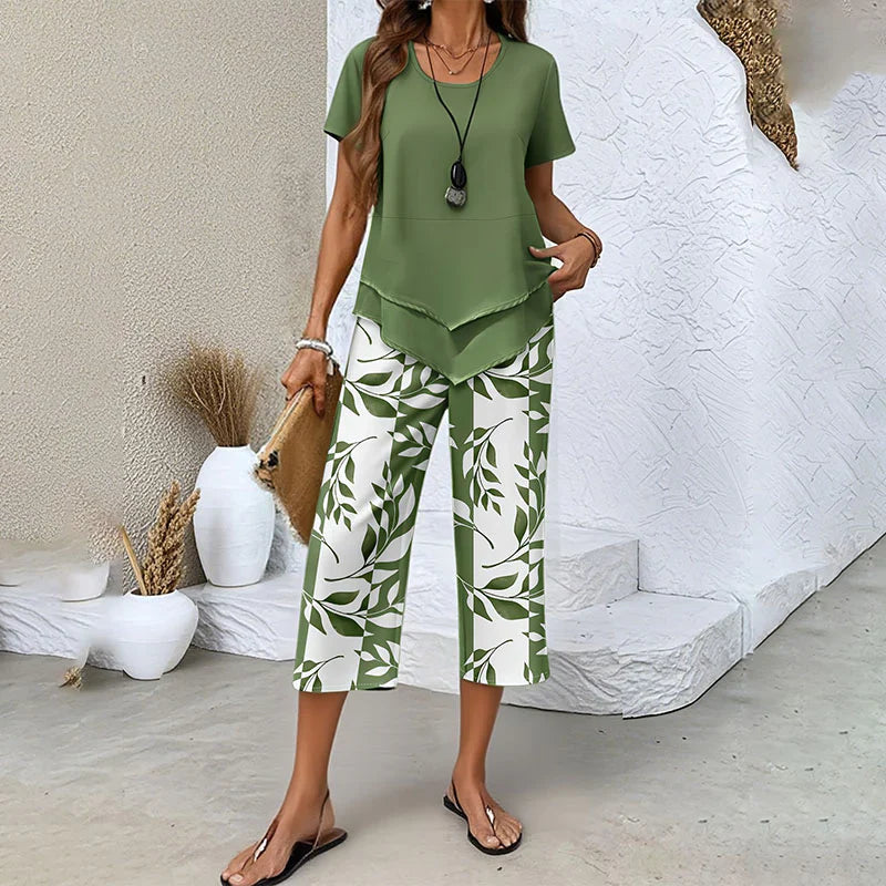 Layered Hem Top & Floral Crop Pants Set