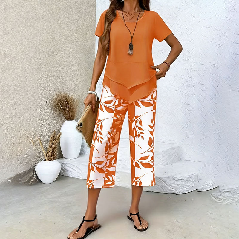 Layered Hem Top & Floral Crop Pants Set