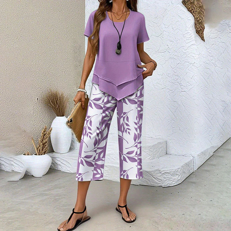 Layered Hem Top & Floral Crop Pants Set