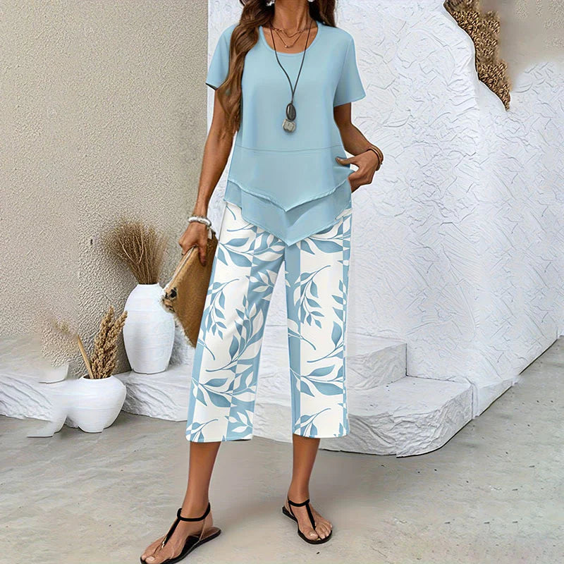 Layered Hem Top & Floral Crop Pants Set