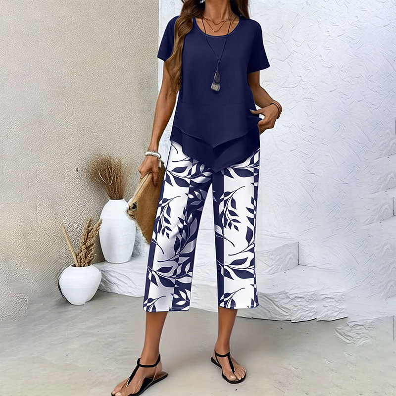 Layered Hem Top & Floral Crop Pants Set