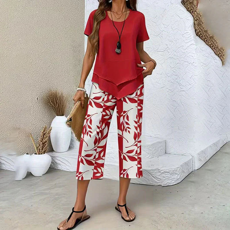 Layered Hem Top & Floral Crop Pants Set