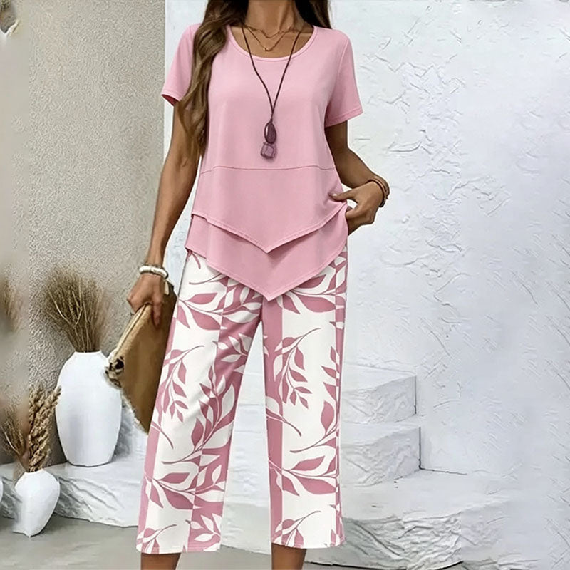 Layered Hem Top & Floral Crop Pants Set
