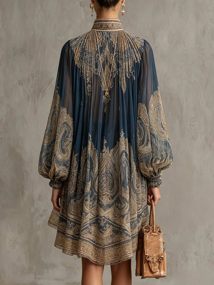 BÉRÉNICE | NAVY BAROQUE-PRINT ASYMMETRIC MINI DRESS