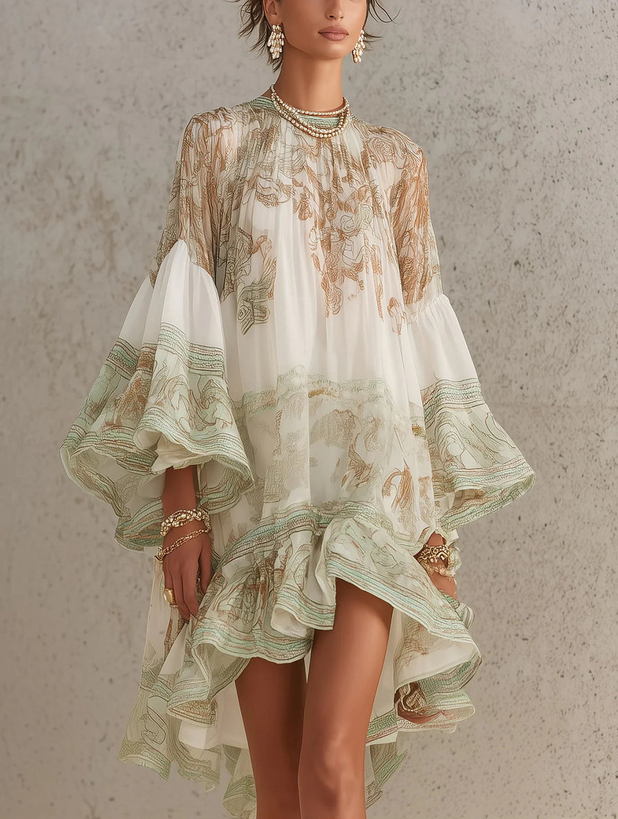 ROSALIE | GREEN MINI DRESS WITH RUFFLE SLEEVES AND STRIPED HEM