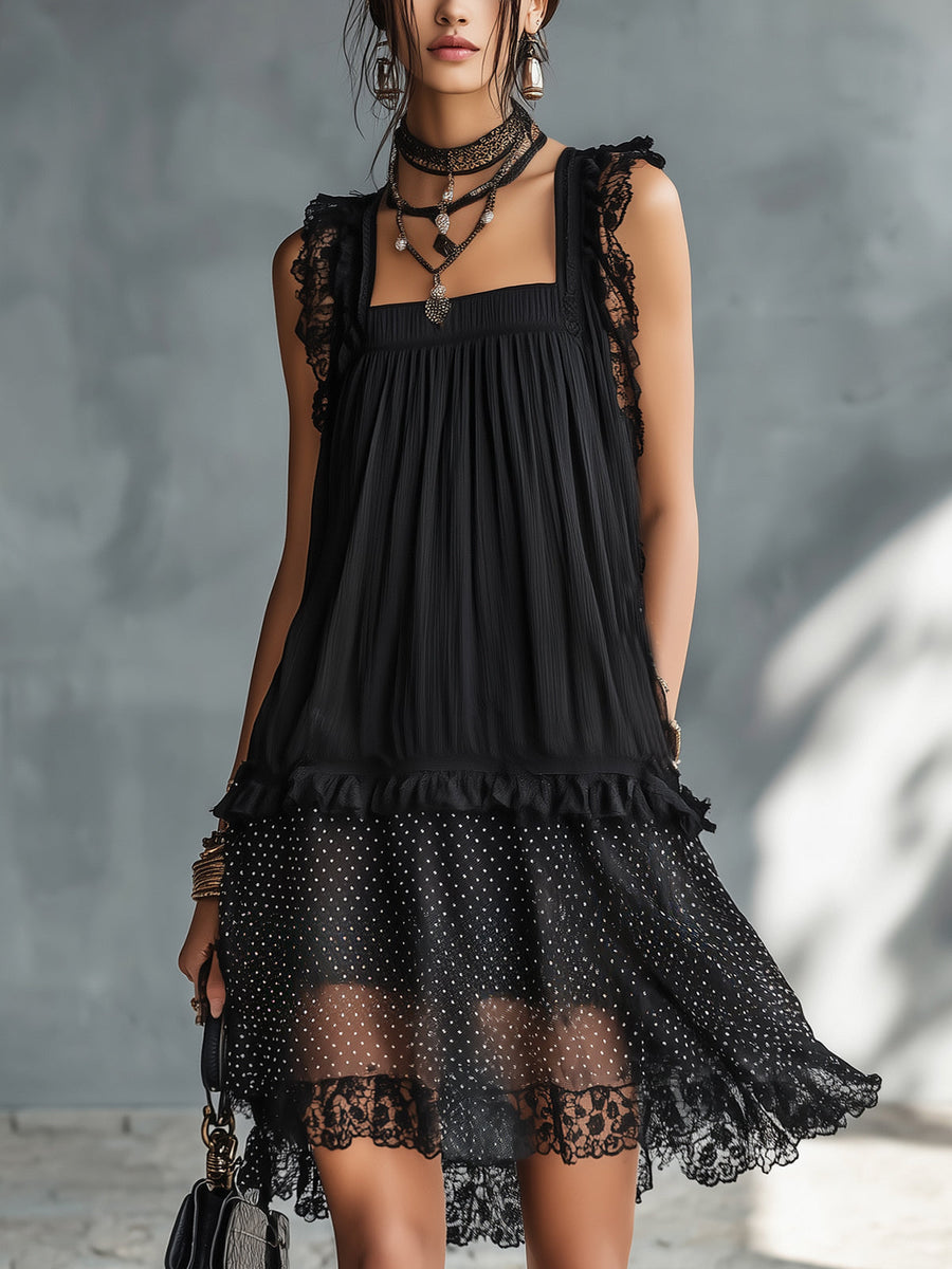PAULINE | SHEER POLKA-DOT MINI DRESS WITH RUFFLES AND BLACK LACE TRIM