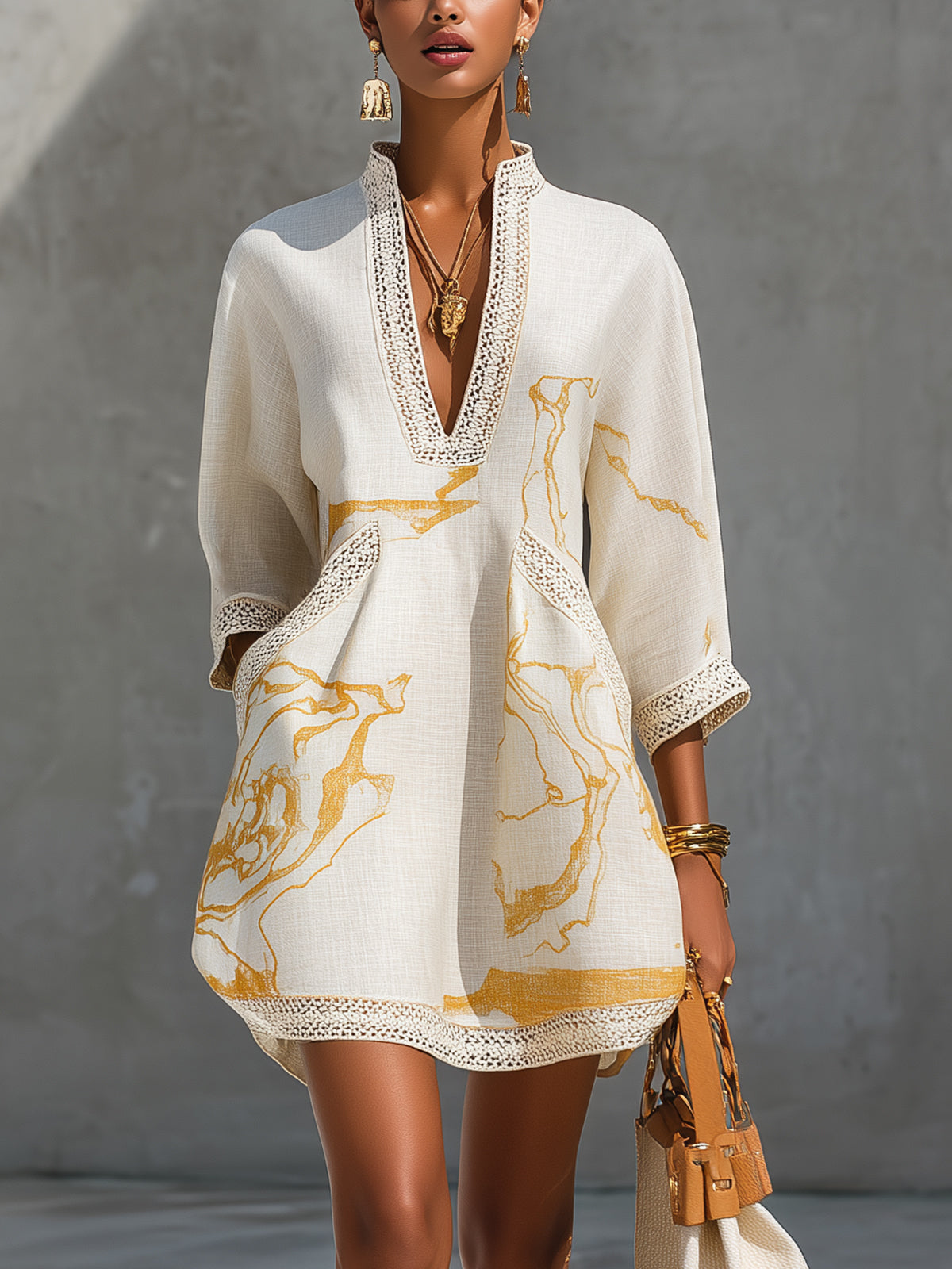 ALIÉNOR | IVORY CROCHET LACE V-NECK MINI DRESS WITH GOLD DETAILS
