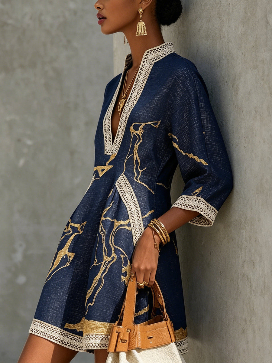 COSETTE | NAVY CROCHET LACE V-NECK MINI DRESS WITH GOLD DETAILS