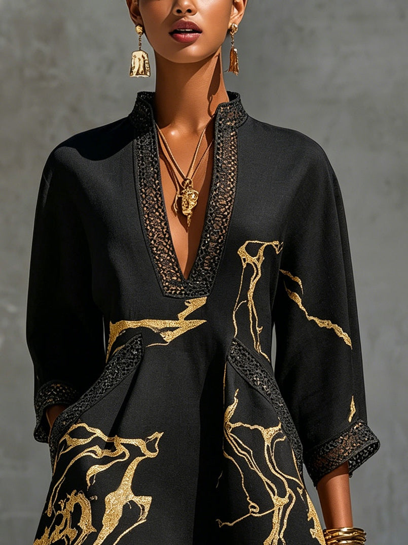 LÉONIE | BLACK CROCHET LACE V-NECK MINI DRESS WITH GOLD DETAILS