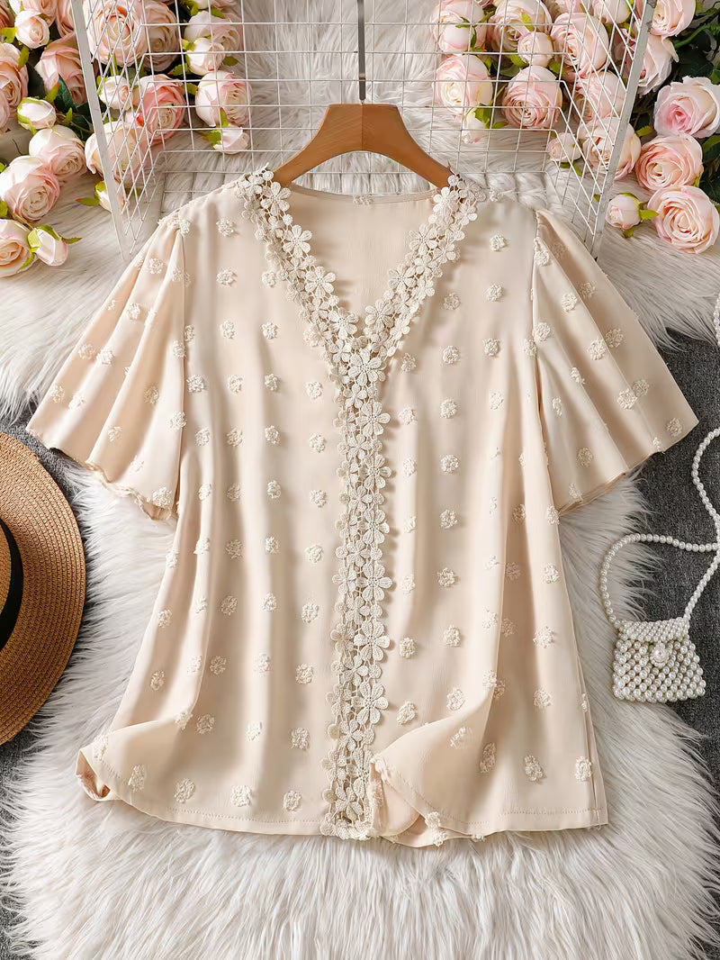 Women's Jacquard V-Neck Butterfly Sleeve Top