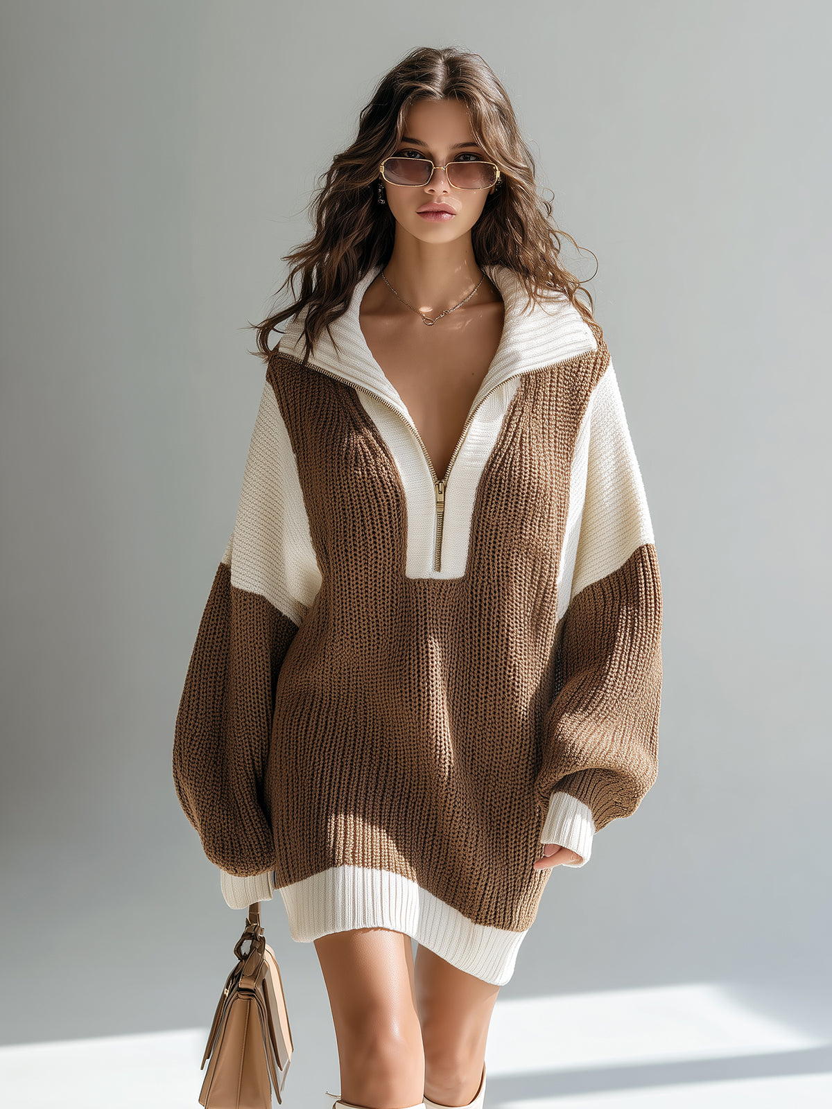 Chic Elegant Zip-Up Lapel Collar Oversized Long Sleeve Colorblock Knit Mini Dress