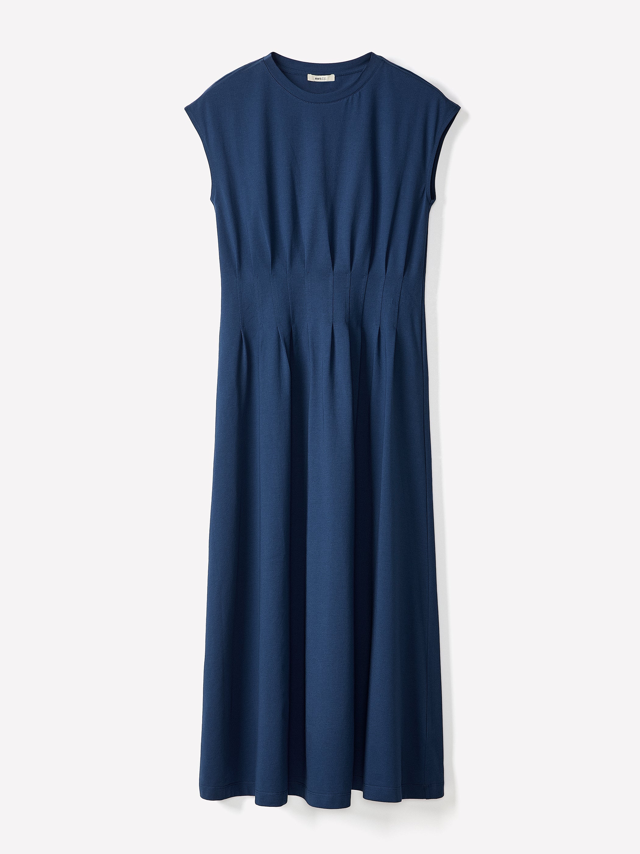Extended-Sleeve Crew-Neck Midi Dress with Pintucks