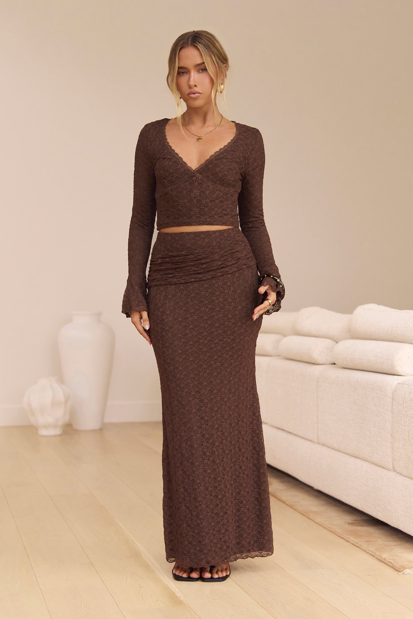 Claire Lace Long Sleeve Crop Top Brown
