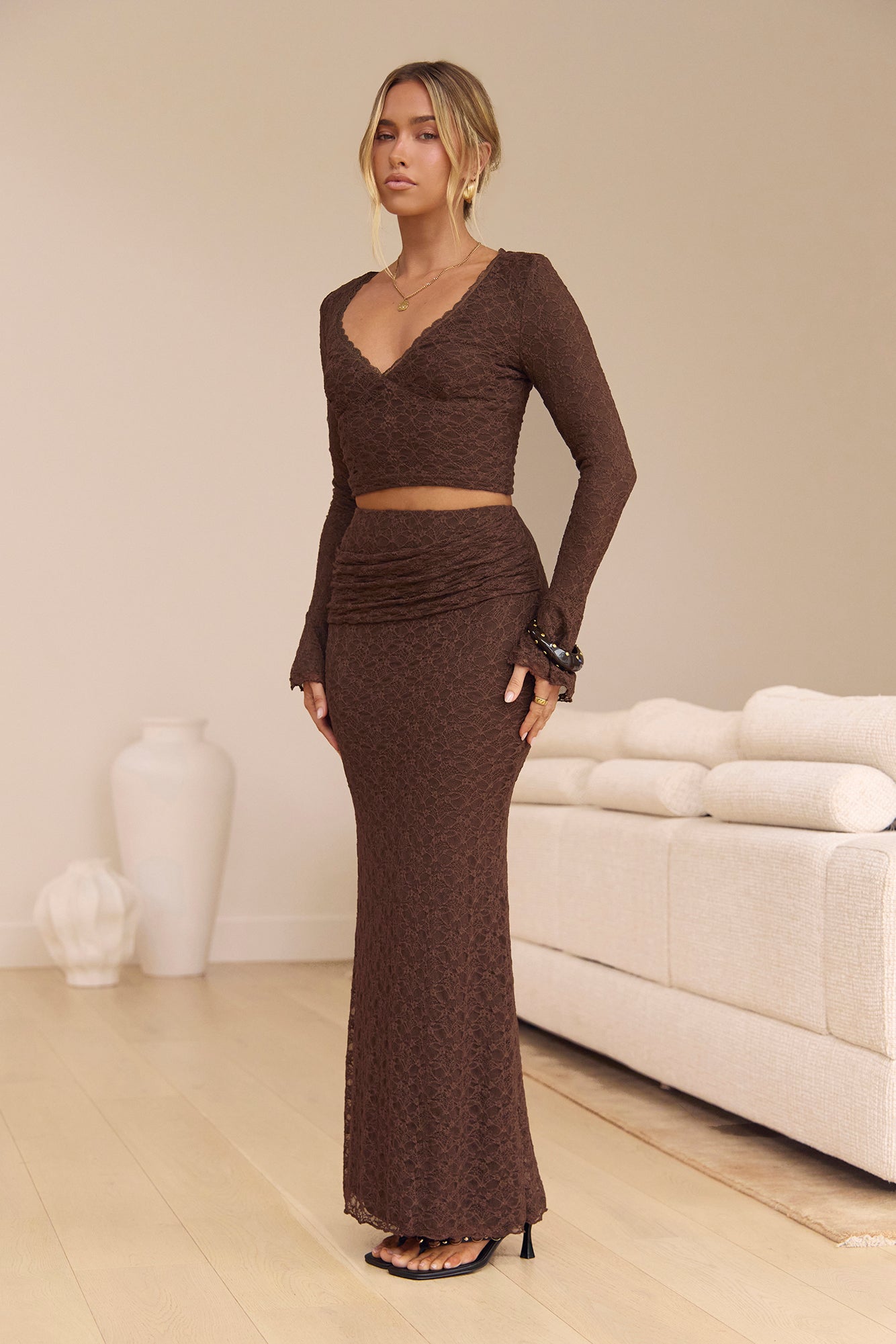 Claire Lace Long Sleeve Crop Top Brown