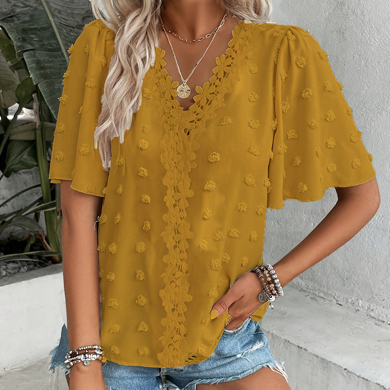 Women's Jacquard V-Neck Butterfly Sleeve Top