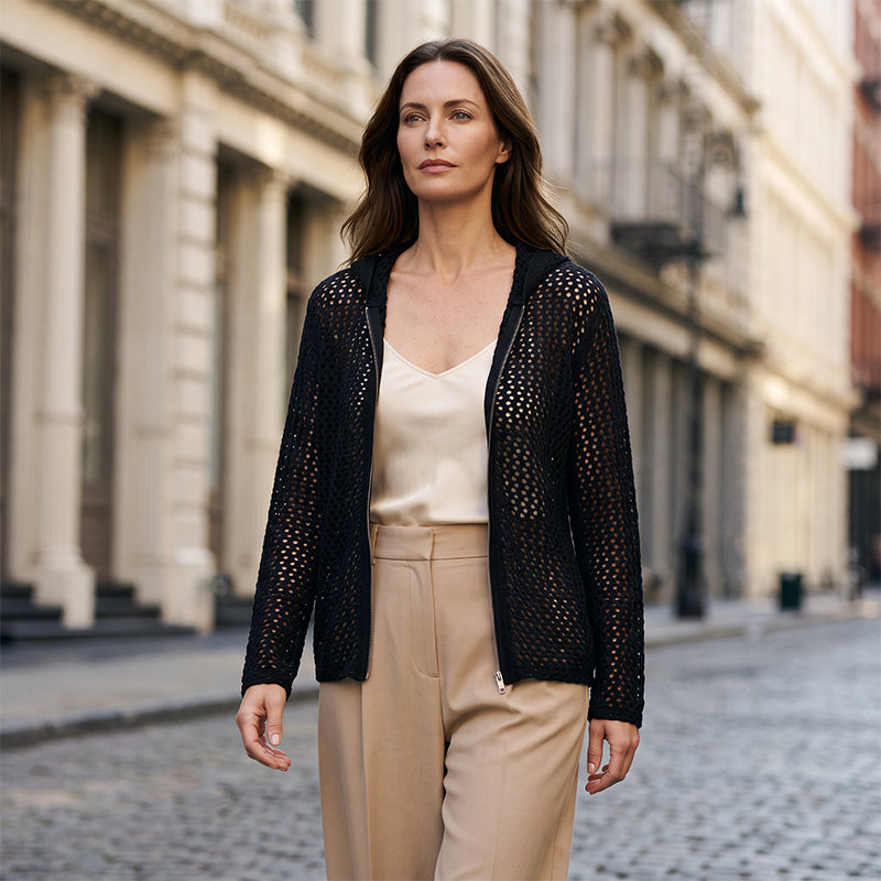 Women's Open-Knit Zip-Up Cardigan